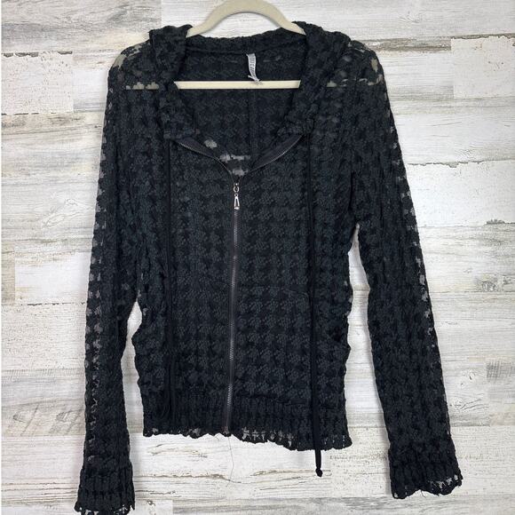 Maria Rerio womens Large long sleeve black lace zip up boho hoodie lightweight - Picture 1 of 5